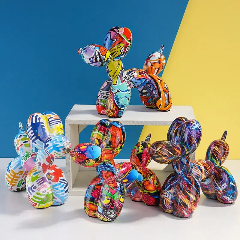 Vibrant glossy resin balloon dog sculpture with bold multicolored floral patterns for living room decor