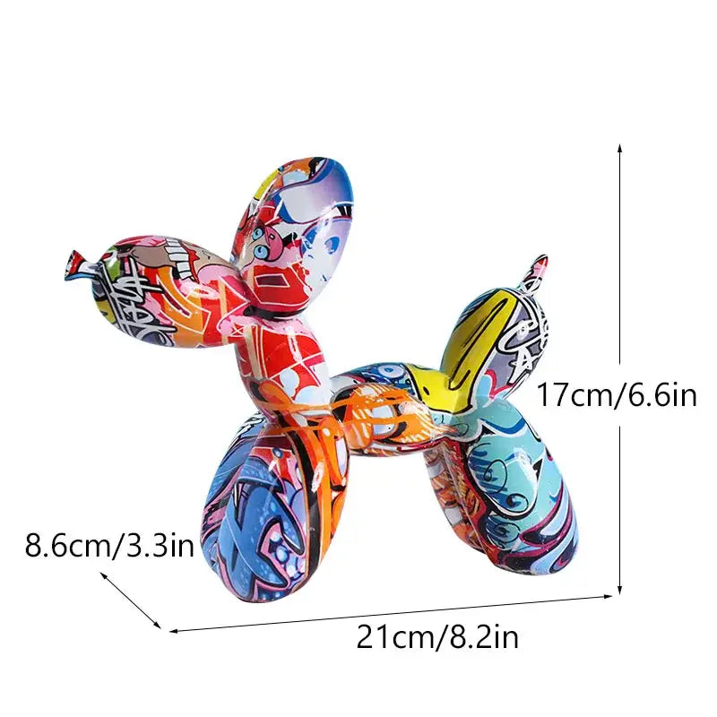 Vibrant multicolored graffiti-styled balloon dog sculpture with glossy finish for pop art floral living room decor