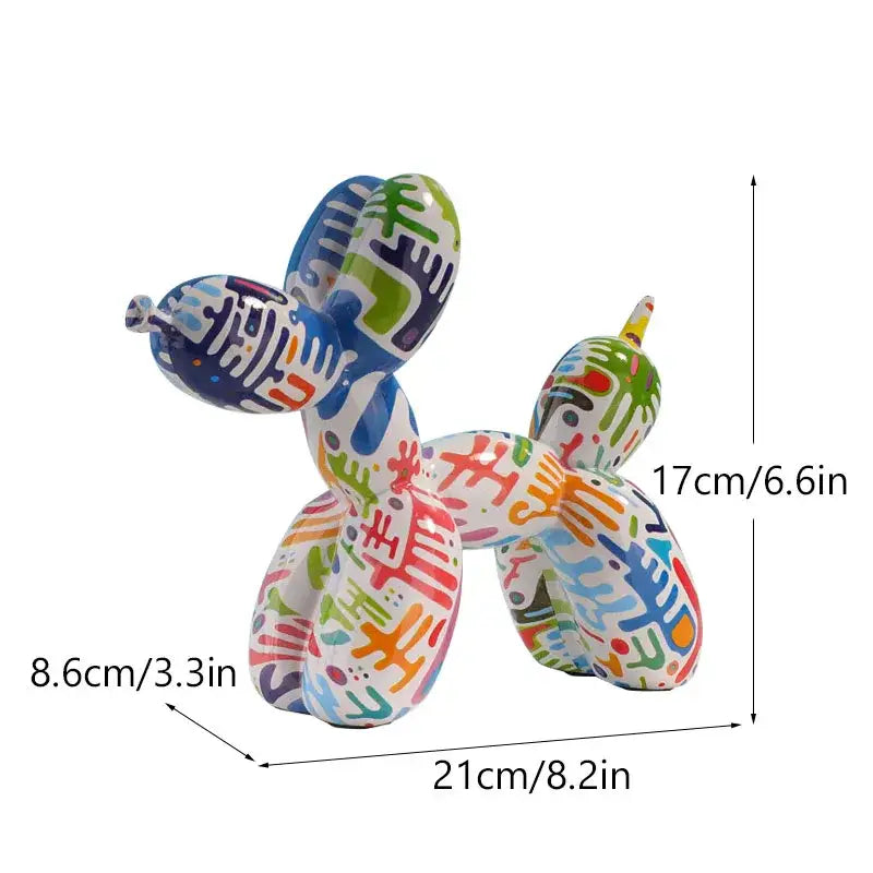 A vibrant multicolored balloon dog sculpture with glossy abstract graffiti patterns for living room decor