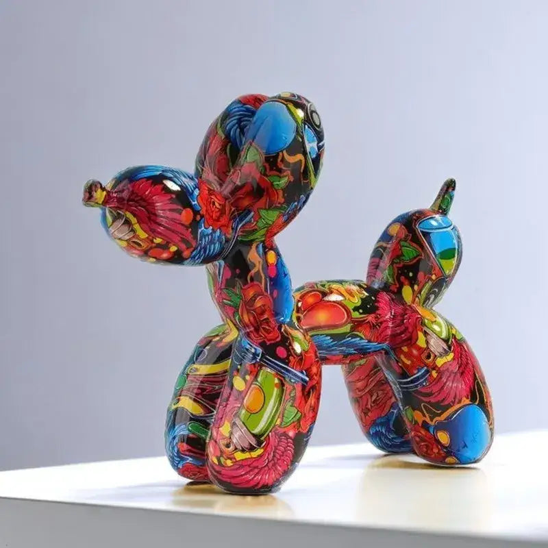 Vibrant glossy balloon dog sculpture with psychedelic floral pop art pattern in bold reds blues greens and yellows for living room decor