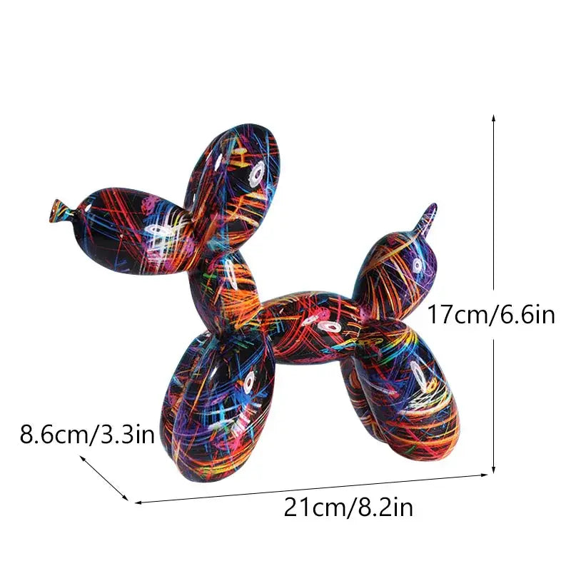 Vibrant glossy balloon dog sculpture with neon-colored abstract graffiti patterns on black base for living room decor