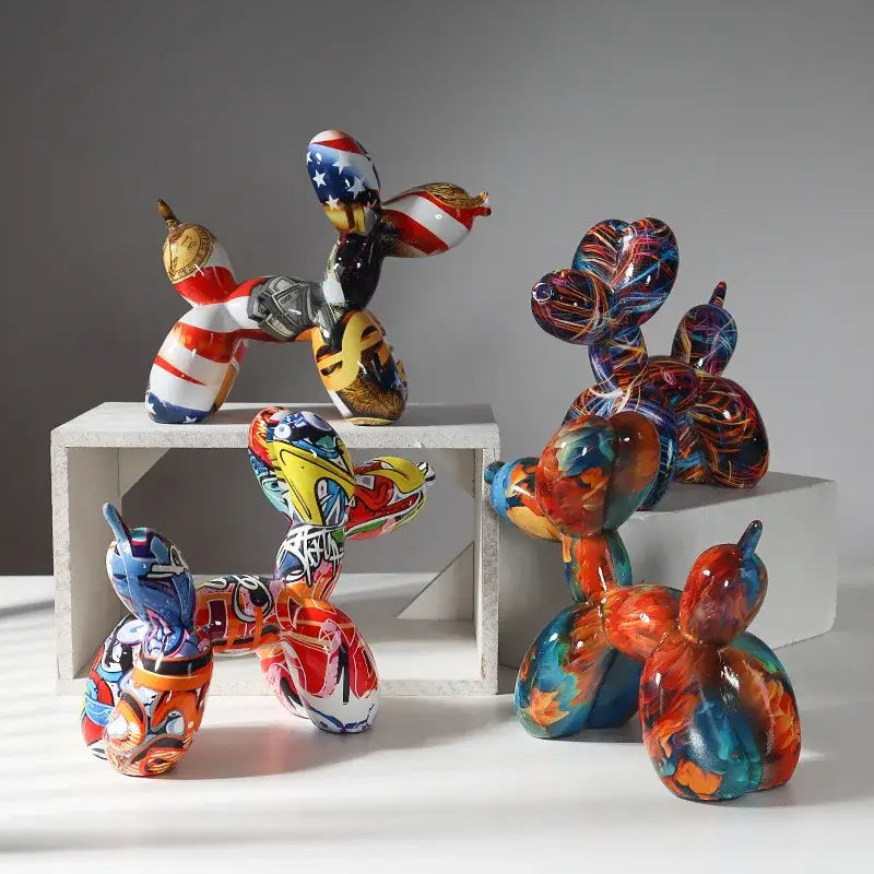 Vibrant glossy balloon dog sculpture with bold graffiti and patriotic patterns for pop art floral living room decor