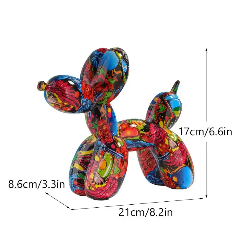 Vibrant glossy balloon dog sculpture with psychedelic floral pattern in reds blues greens and yellows for living room decor