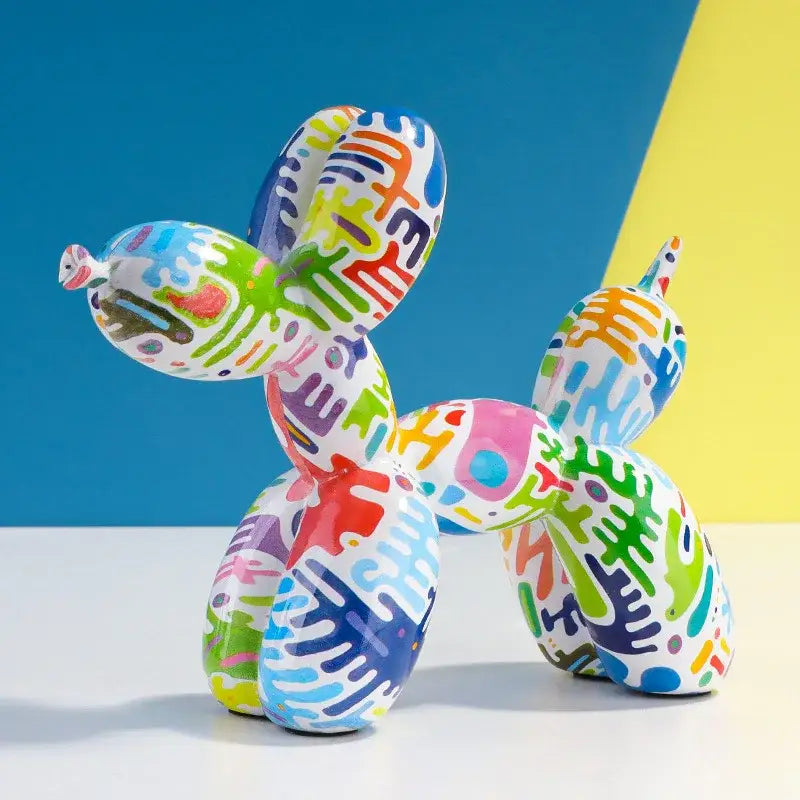 A vibrant balloon dog sculpture with a glossy white base and colorful abstract graffiti patterns for living room decor