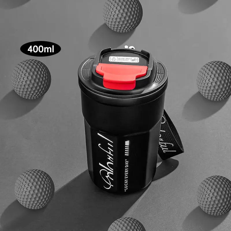 Black 400ml coffee thermos bottle with red flip-top lid and lucky every day cursive text portable insulated cup
