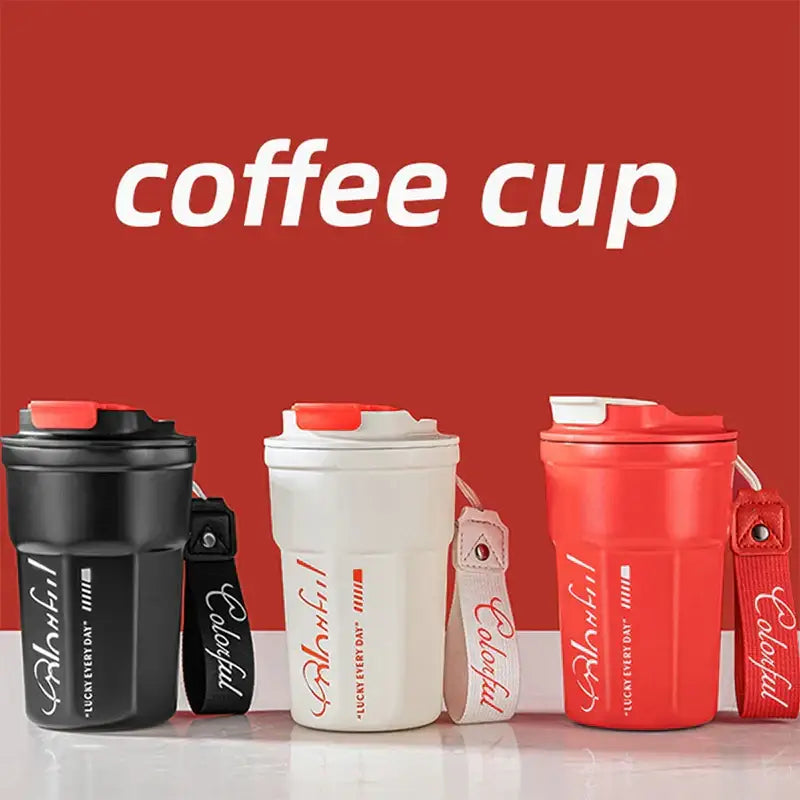 Three colorful sleek 400ml coffee thermos bottles with matching straps and lucky every day branding for travel use