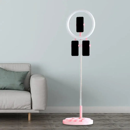 Portable pink and white led ring light stand with three phone holders and usb port compatible with 220v-240v