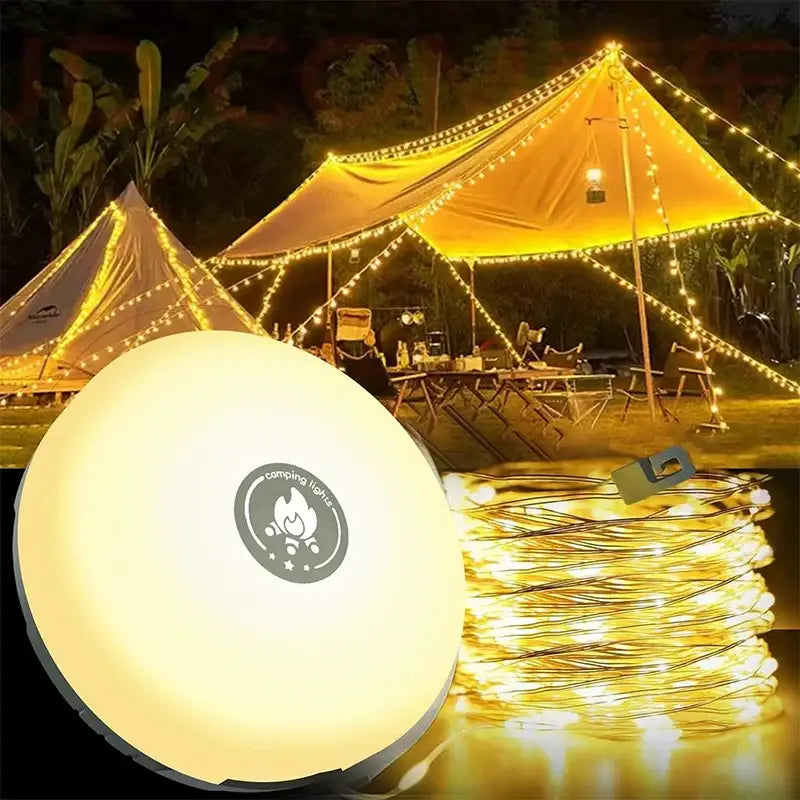 A round, glowing white led camping lantern with a black base and a circular logo featuring a flame design.