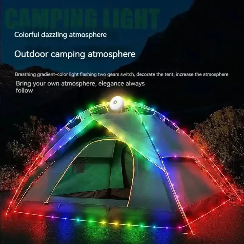 Portable white and black camping light strip with glowing rainbow led and central control unit wrapped around tent