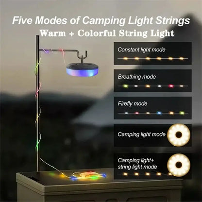 Portable white and black camping light strip featuring a circular multi-colored led camping light with metallic base and adjustable arm