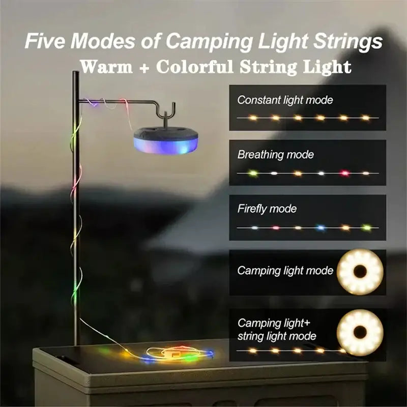 Portable white and black camping light strip featuring a circular multi-colored led camping light with metallic base and adjustable arm