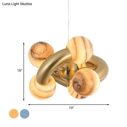 Lámpara de araña esférica de cristal azul/beige posmoderna: Lámpara colgante LED para sala de estar con diseño retorcido de 6 cabezas.