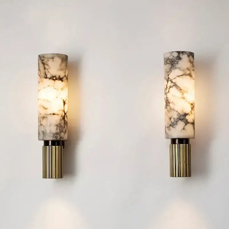 Elegant post-modern wall lamp with brushed brass copper alabaster bases and marble-patterned glass shades for bedroom decorbites copper alabaster wall