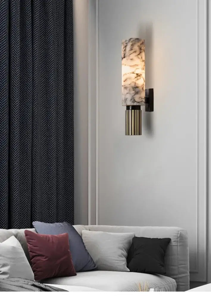 Post-modern brushed brass copper alabaster wall lamp with marble-effect sconce and warm lighting for bedroom decorbites copper alabaster wall