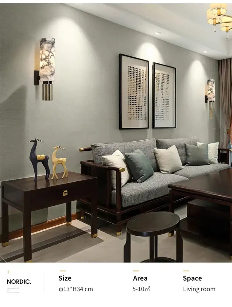 Dark wood nordic-style side table with a drawer and gold-tone hardware complements decorbites copper alabaster wall lamp