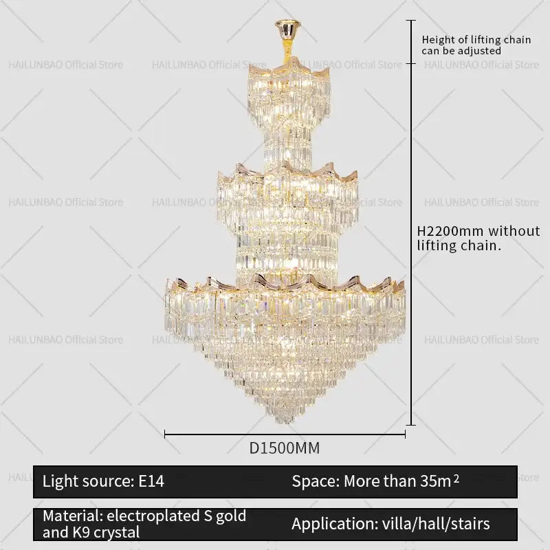 Post modern gold crystal duplex chandelier with cascading crystal strands and gold-plated frame for living room decorbites crystal duplex