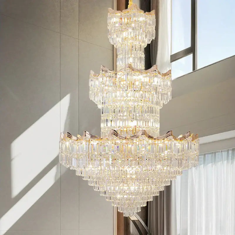Post modern gold crystal decorbites crystal duplex chandelier with cascading faceted crystals for living room lighting