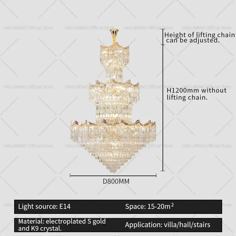 Post modern gold crystal duplex chandelier with cascading k9 crystal and electroplated accents for elegant villa lighting decorbites crystal duplex
