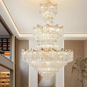 Post modern gold crystal duplex chandelier with cascading clear glass prisms by decorbites crystal duplex for living room lighting