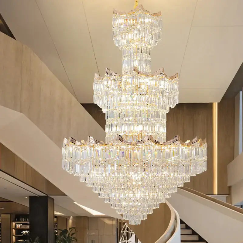 Post modern gold crystal duplex chandelier with cascading clear faceted crystals for elegant living room lighting decorbites crystal duplex