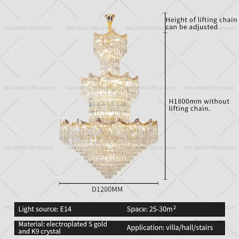 Post modern gold crystal duplex chandelier with cascading strands and electroplated gold accents for grand living room decorbites crystal duplex
