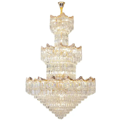 Post modern gold crystal duplex chandelier with a multi tiered gold frame and clear glass prisms for living room decorbites crystal duplex