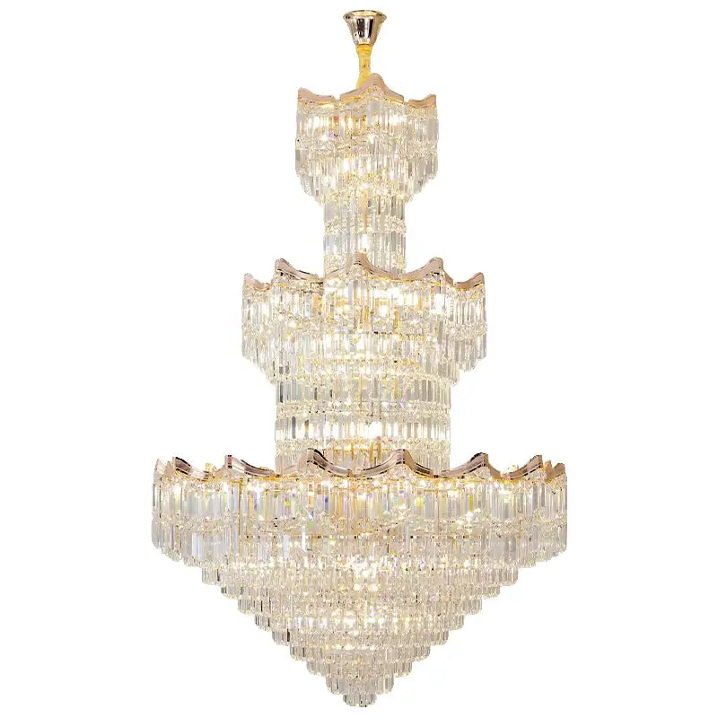 Post modern gold crystal duplex chandelier with a multi tiered gold frame and clear glass prisms for living room decorbites crystal duplex