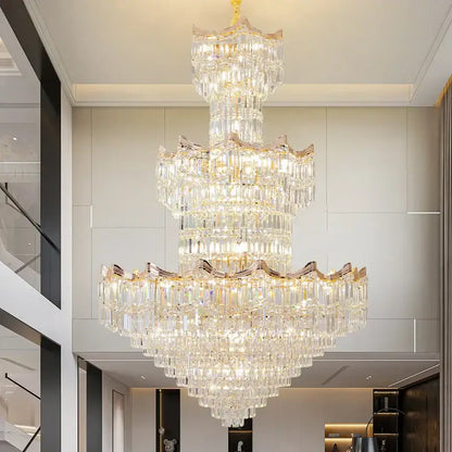 Post modern gold crystal duplex chandelier with cascading clear glass prisms by decorbites for living room lighting