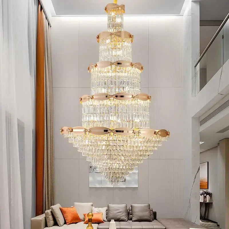 A post-modern gold grand hall crystal chandelier with multi-tiered crystals and gold-toned accents for hall decorbites grand hall