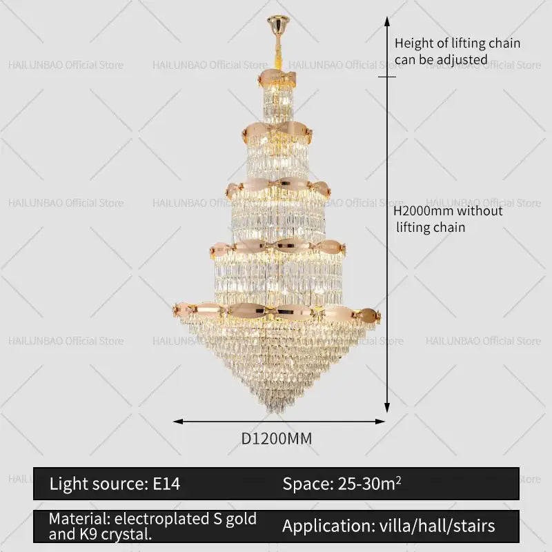 Elegant tiered post modern gold grand hall crystal chandelier with gold plated metal and k9 crystal decorbites grand hall design
