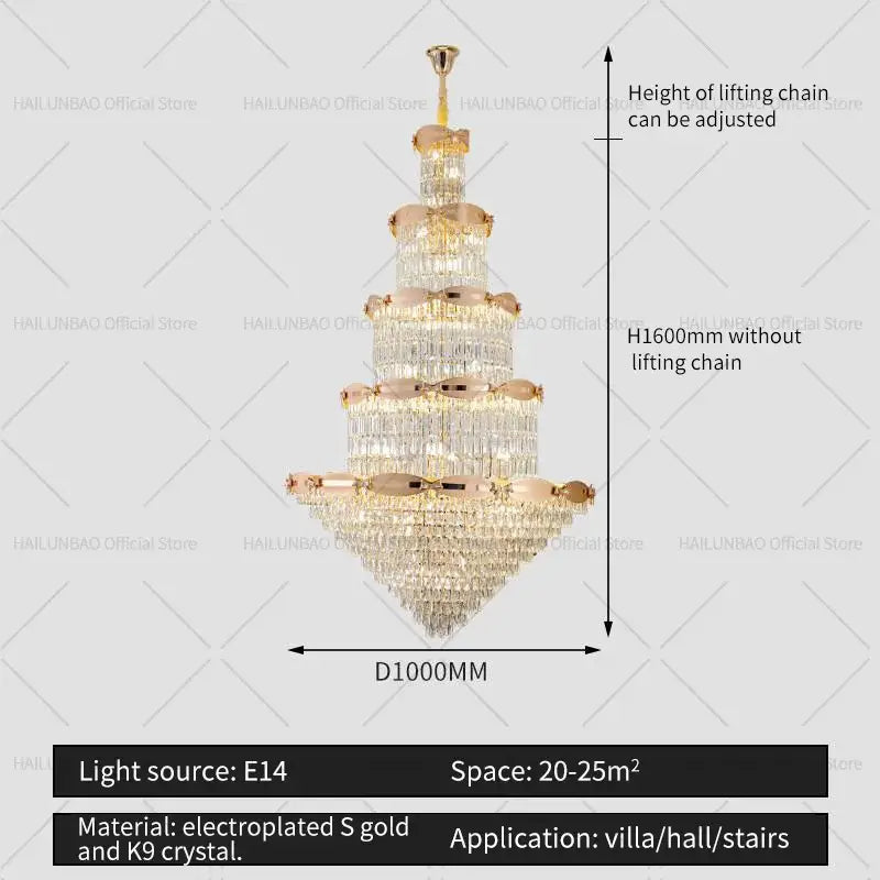 Post-modern gold grand hall crystal chandelier with golden electroplated frame and k9 crystals for elegant decorbites grand hall