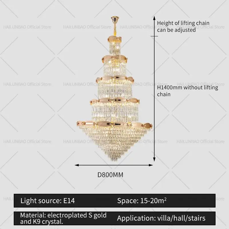 Elegant multi-tiered gold-plated brass and k9 crystal hall crystal chandelier for decorbites grand hall spiral staircase light