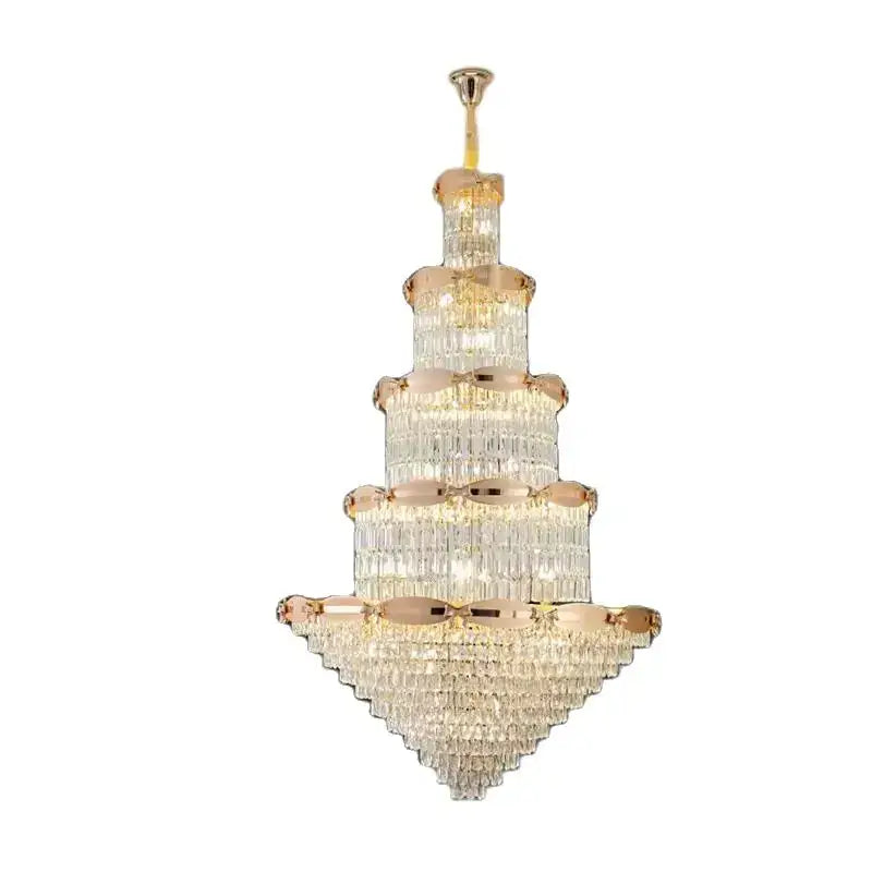 Post-modern gold grand hall crystal chandelier with a metal frame and cascading glass prisms decorbites grand hall light