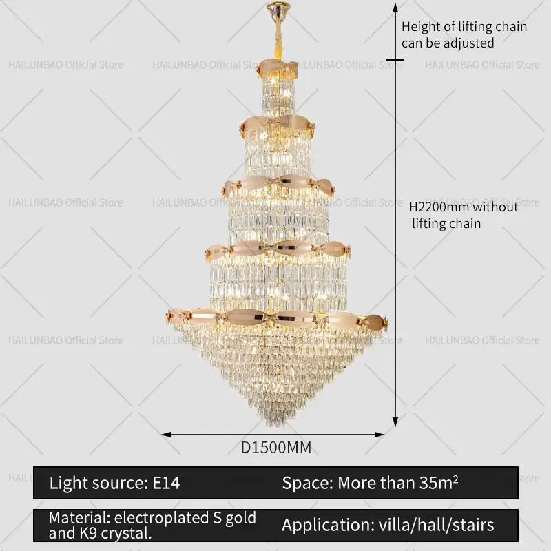 Post-modern gold grand hall crystal chandelier with golden electroplated frame and k9 crystal elements decorbites grand hall
