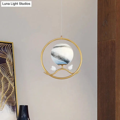 Post Modern Gold Hanging Lamp with Planet Glass Shade and Bird Deco Pendant