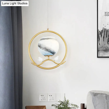 Post Modern Gold Hanging Lamp with Planet Glass Shade and Bird Deco Pendant