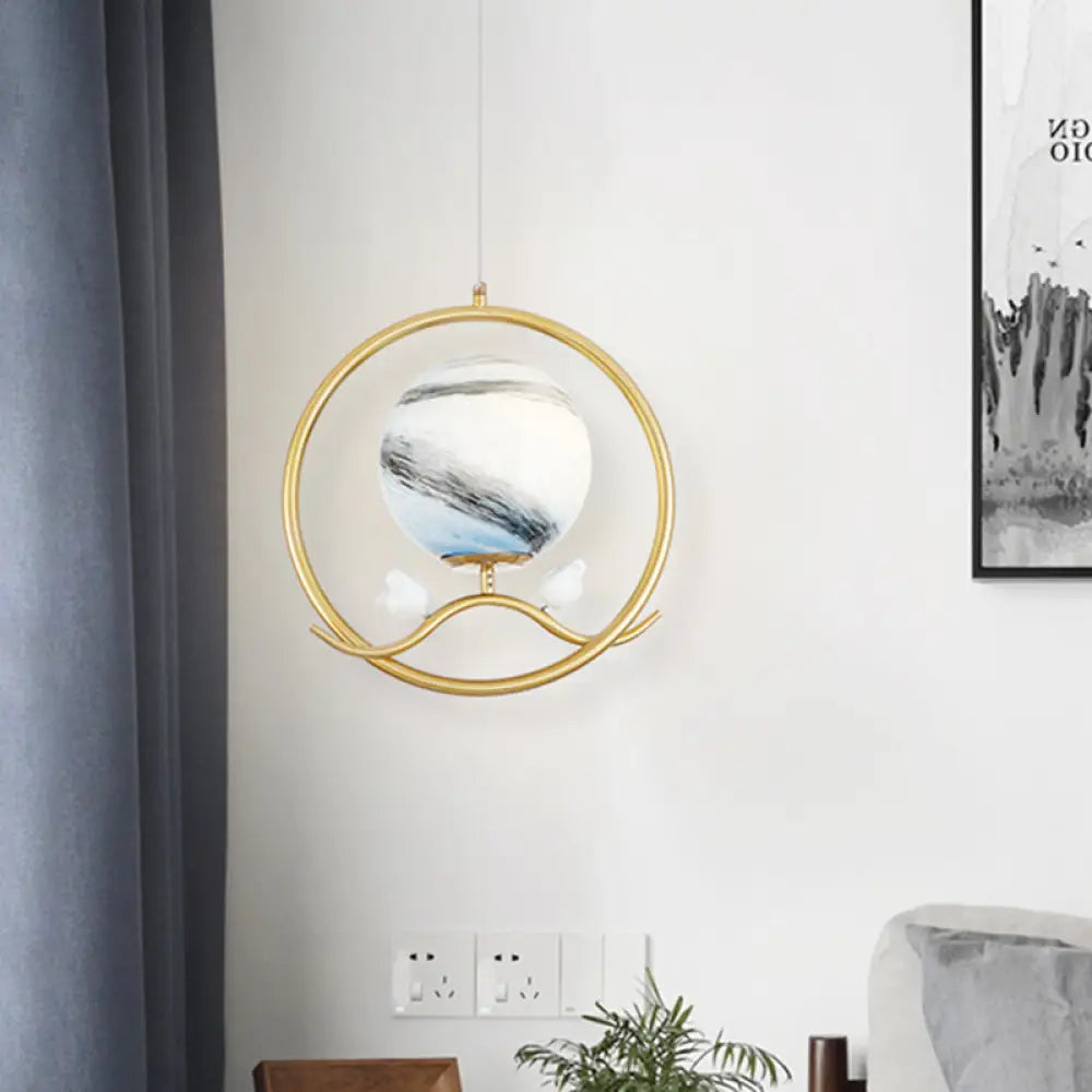 Post Modern Gold Hanging Lamp with Planet Glass Shade and Bird Deco Pendant