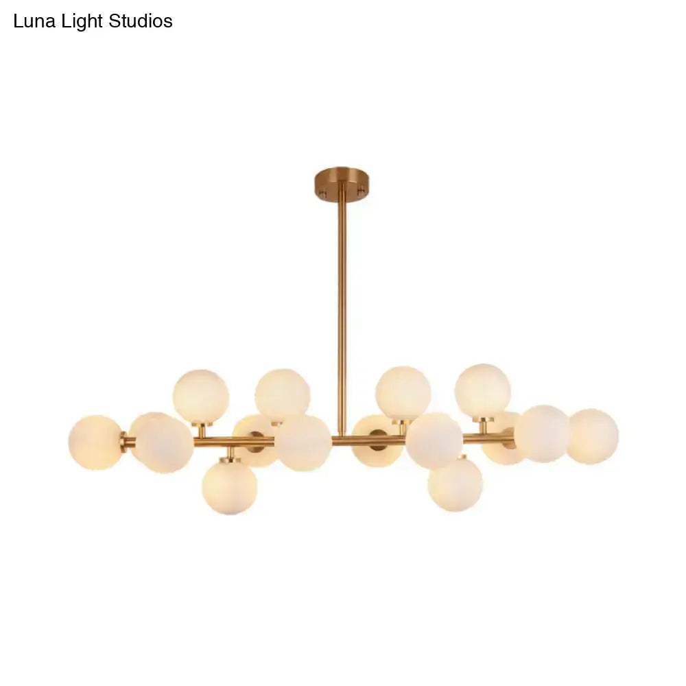DecorBites 16-light gold linear island chandelier with brass and frosted glass globes post modern light fixture