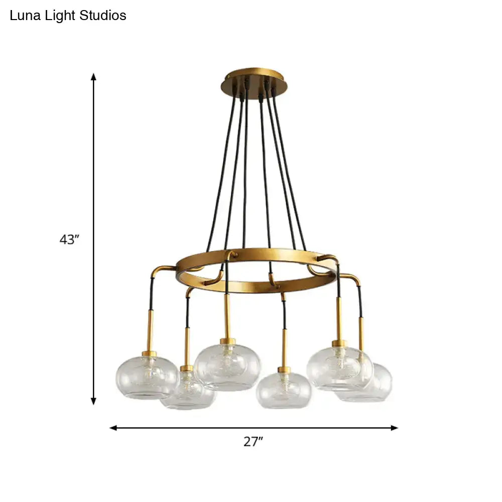 DecorBites™ post-modern island chandelier with gold finish, clear glass globe shades, black cords, and LED light options