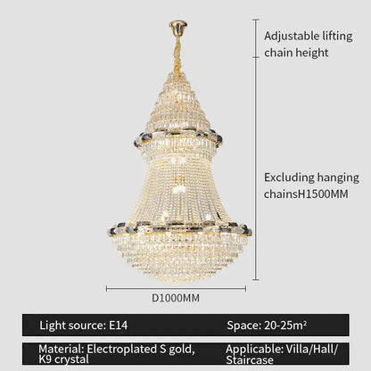 Post-modern luxury crystal chandelier with tiered k9 crystal and electroplated gold for villa or staircase decorbites light luxury