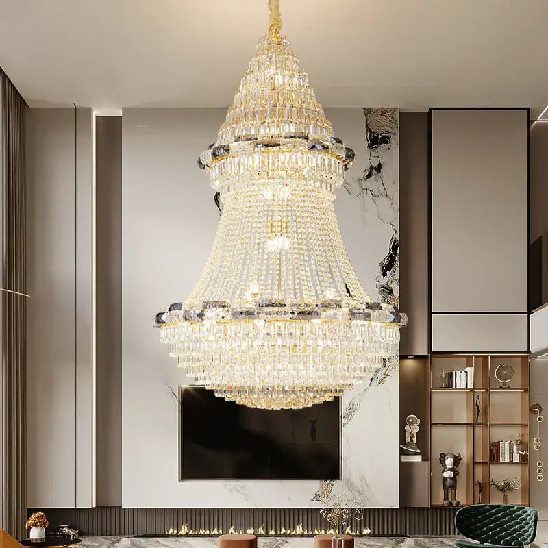 A post-modern luxury crystal chandelier with gold-toned accents and cascading clear and dark crystals for light luxury decorbites light