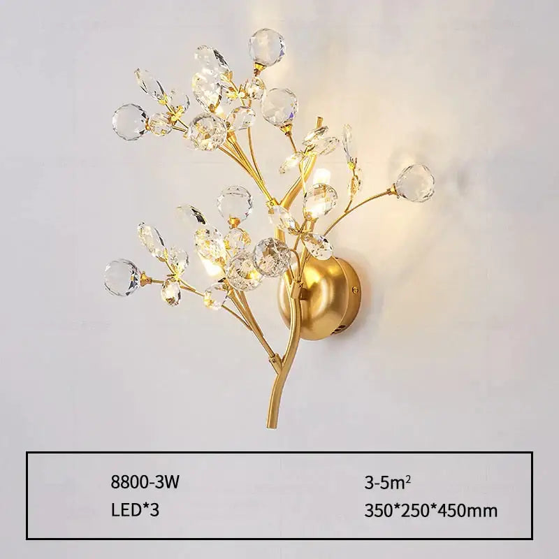 Post modern luxury gold crystal branch wall sconce with delicate clear faceted crystal beads for bedroom lighting