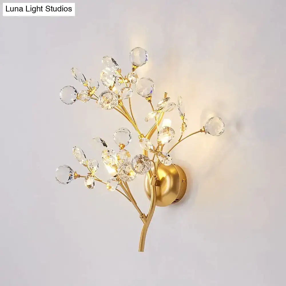 Post modern luxury gold crystal branch wall sconce with clear orbs and leaves for modern luxury branch style lighting