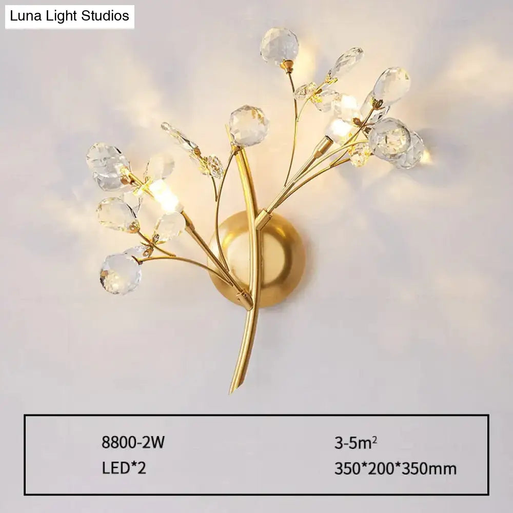 Post modern luxury gold crystal branch wall sconce with delicate faceted droplets for bedroom lighting
