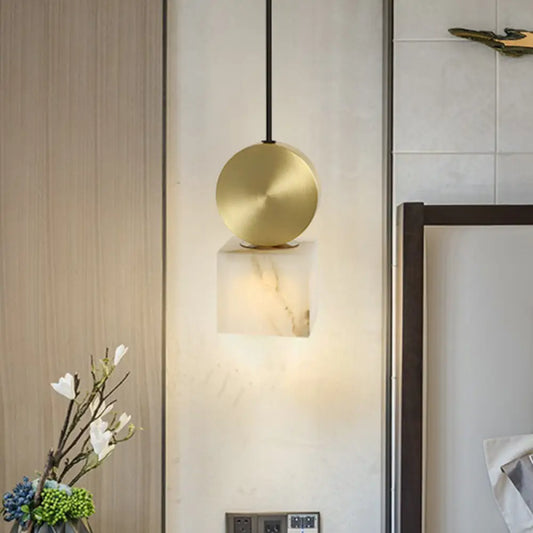 Post Modern Marble Pendant Lamp in White with Gold Top and 1 Head