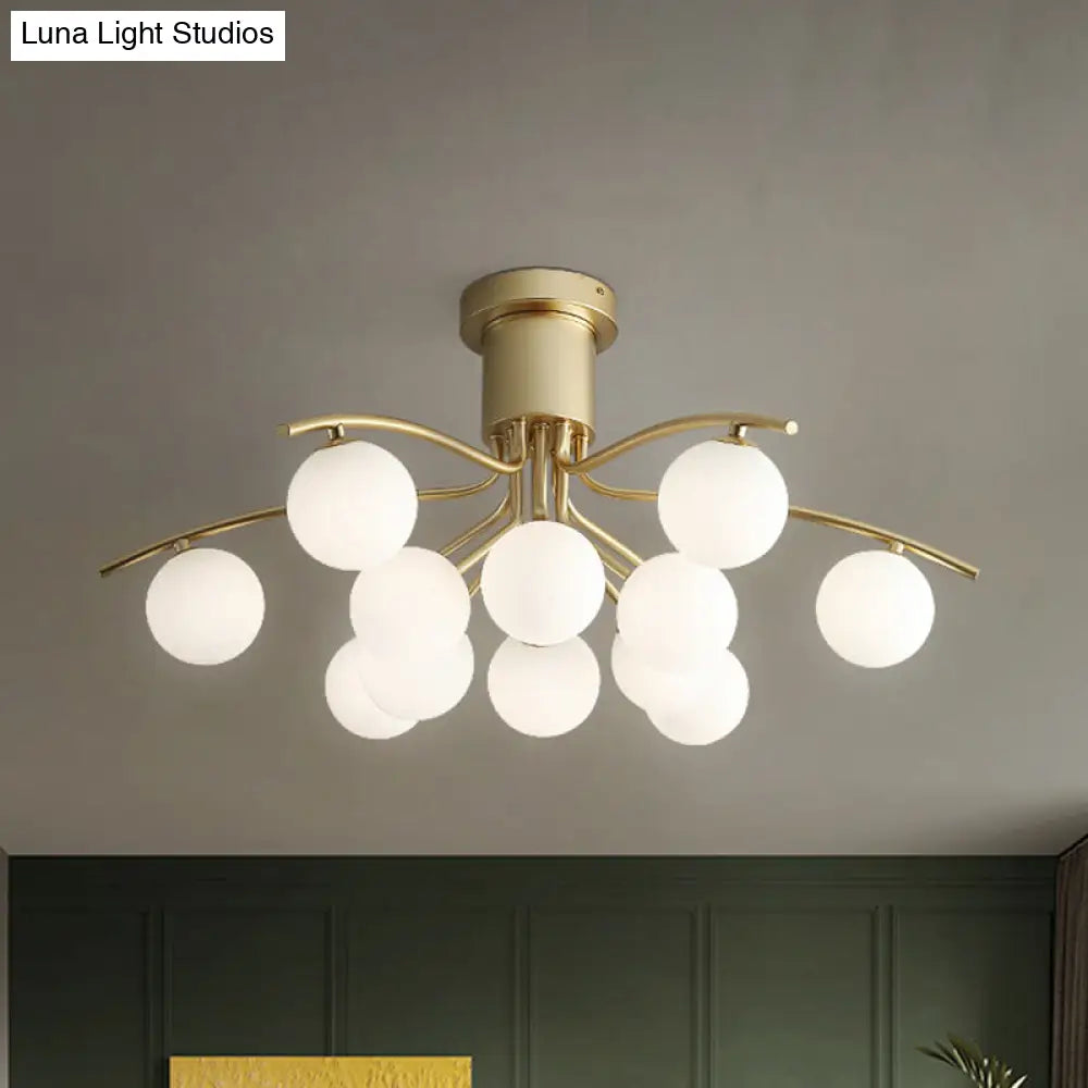DecorBites™ DecorBites™ Post-Modern Modo Flush Mount White Glass 12-Head LED Semi Close Ceiling Lamp - Brass Finish