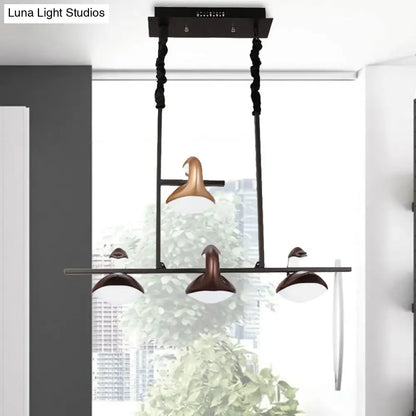 Modern black metal linear chandelier with bronze bird-shaped fixtures and white glass shades multicolored hanging pendant light
