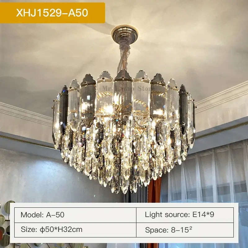 Post modern silver and brass decorbites crystal chandelier with gold frame and cascading clear and dark prisms for living room