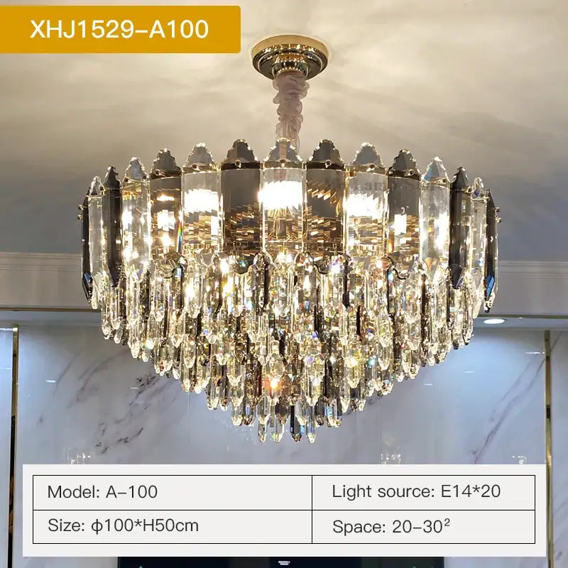 Post modern silver and brass decorbites crystal chandelier with gold frame and cascading clear and dark glass prisms