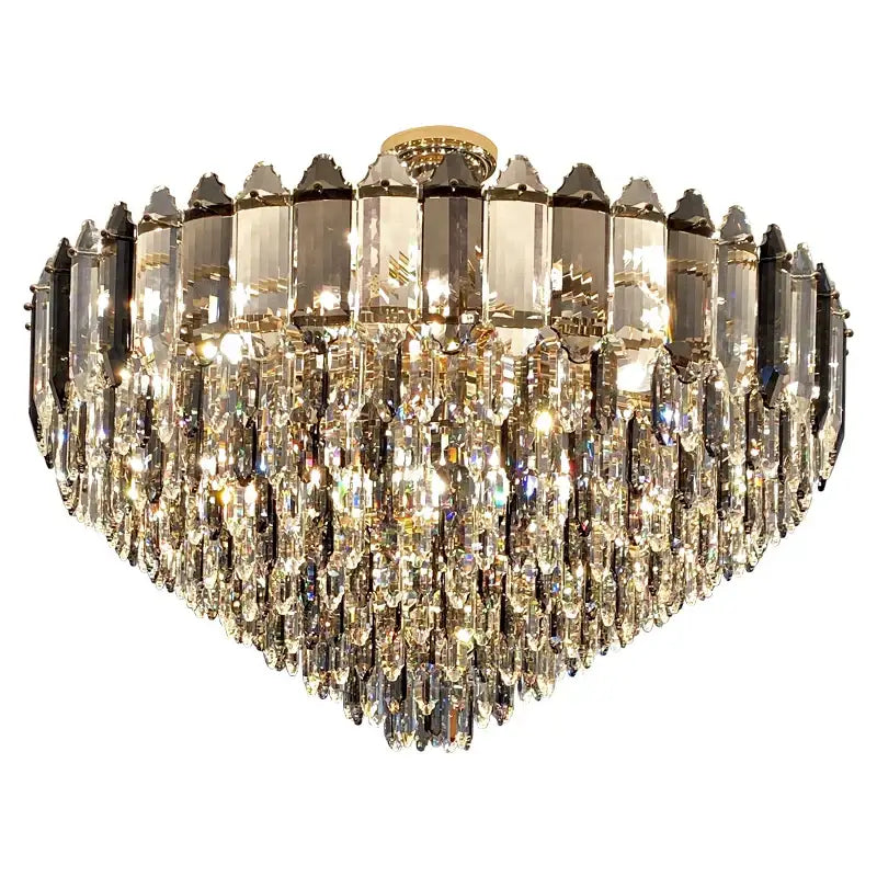 A luxurious decorbites crystal chandelier with heart shape gold frame and cascading clear smoky prisms for living room